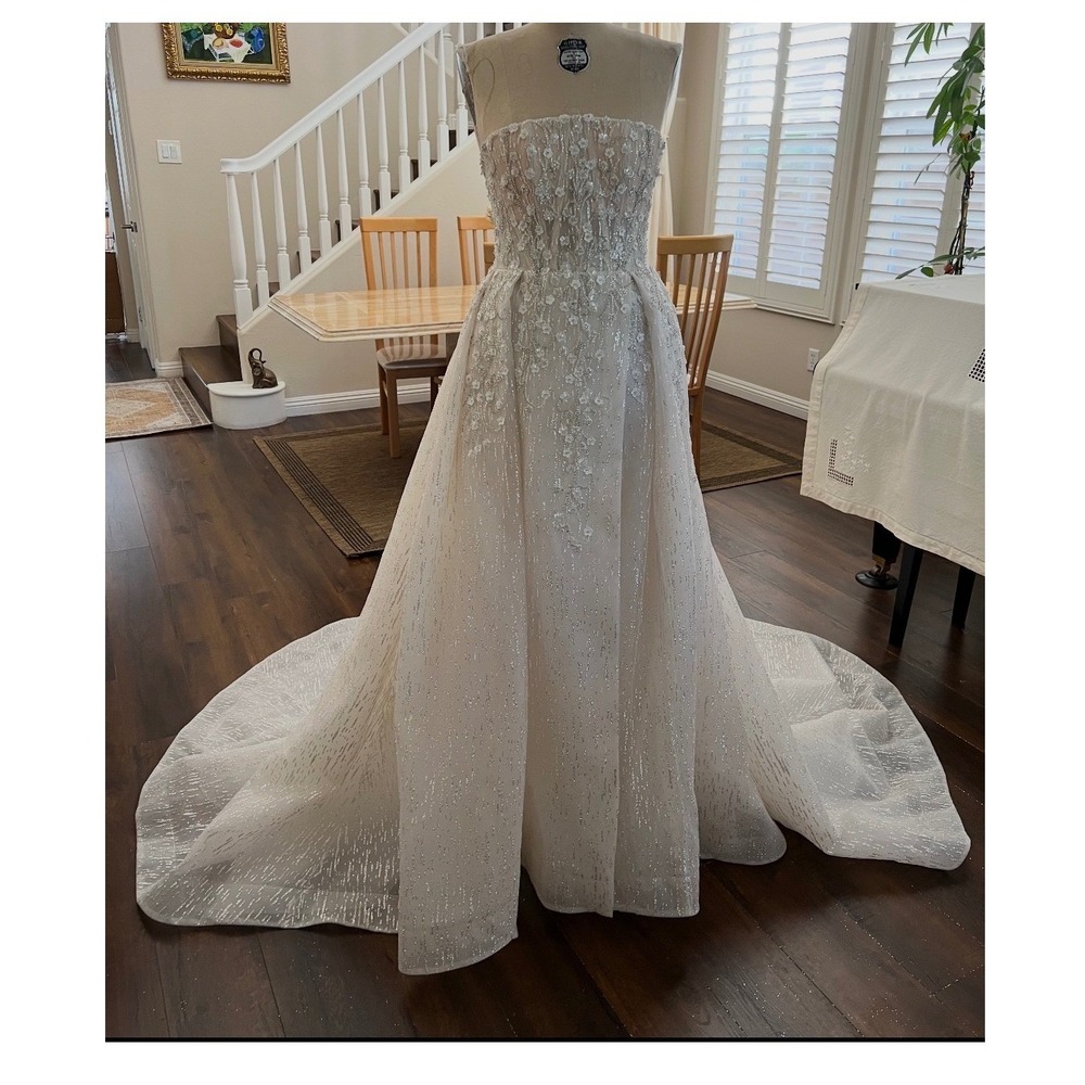 Floral Applique Sequin Strapless Wedding Dress Lace Up Back Sparkle Bridal Gown